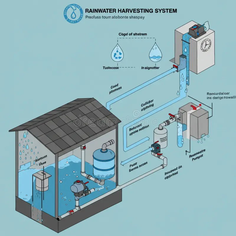 diagram rainwater harvesting system showing flow water roof to storage tank filtration units illustration 359776651