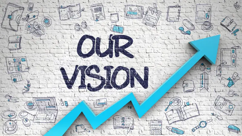 Home our vision drawn white brick wall d inscription modern illustation blue arrow hand icons around brickwall 89018617
